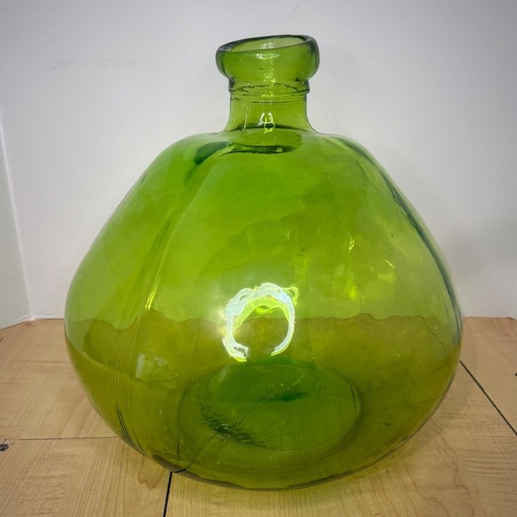 Vintage Hand Blown Green Glass Demijohn Bottle Onion Shape Decorative Floor Vase